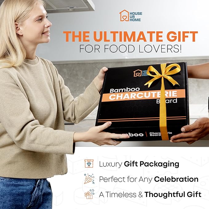 Large Bamboo Charcuterie Boards Gift Set with Hidden Drawer, Side Fruit Tray, Cheese Knife Set, Ceramic Bowls, Recipe Book - House Warming Gifts New Home