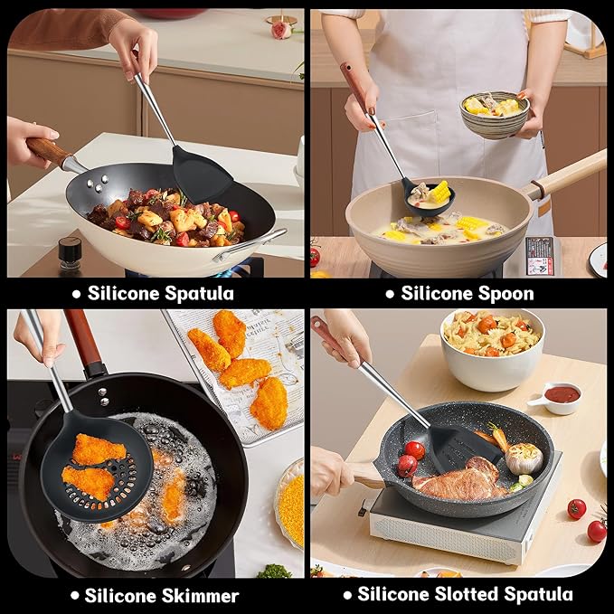 FJNATINH Silicone Spatula - Turner - Ladle - Skimmer Set - Wok Utensil Tool Set,Stainless Steel Non Stick Heat-Resistant Cooking Utensils BPA Free Kitchen Utensils Cookware Wooden Handle, Pack of 4