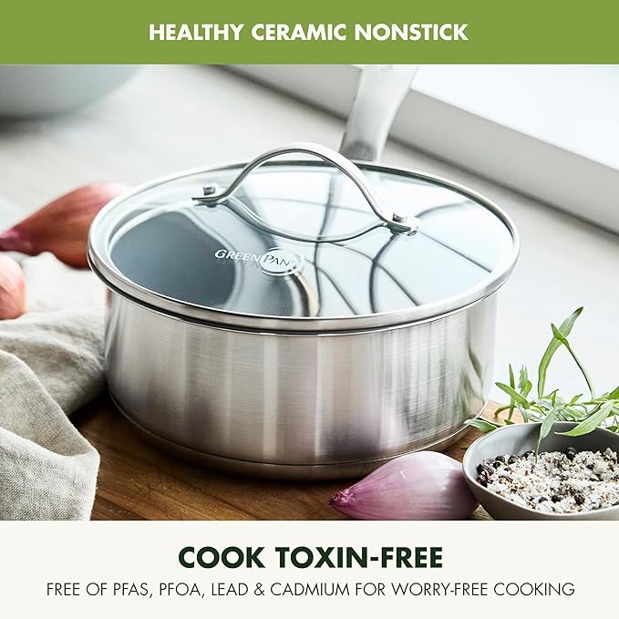 GreenPan Stainless Steel Treviso 2.1QT Saucepan with Lid, Healthy Ceramic Nonstick, PFOA-Free PFAS-Free, Induction, Dishwasher Safe, Oven Safe, Even Heating, Silver
