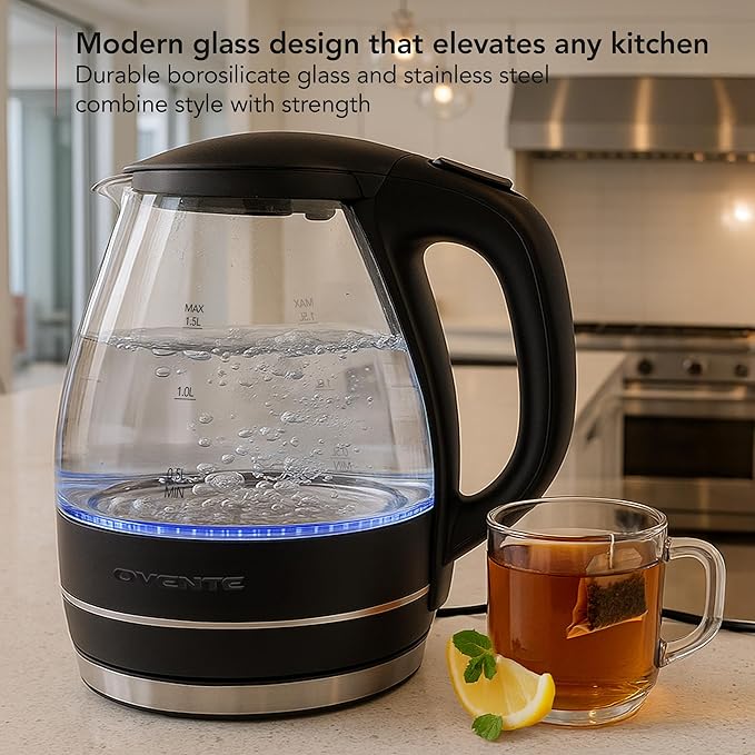 OVENTE Electric Kettle, 1.5L Borosilicate Glass Countertop Water Heater and Boiler for Coffee or Tea, BPA-Free, Auto Shut-Off, Boil-Dry Protection, Removable and Washable Spout Filter, Black KG83B