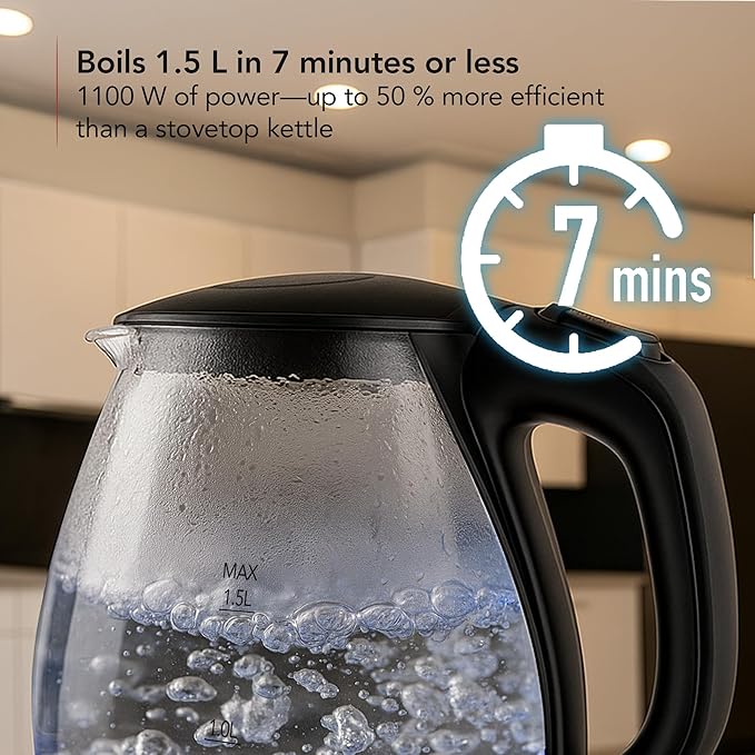 OVENTE Electric Kettle, 1.5L Borosilicate Glass Countertop Water Heater and Boiler for Coffee or Tea, BPA-Free, Auto Shut-Off, Boil-Dry Protection, Removable and Washable Spout Filter, Black KG83B
