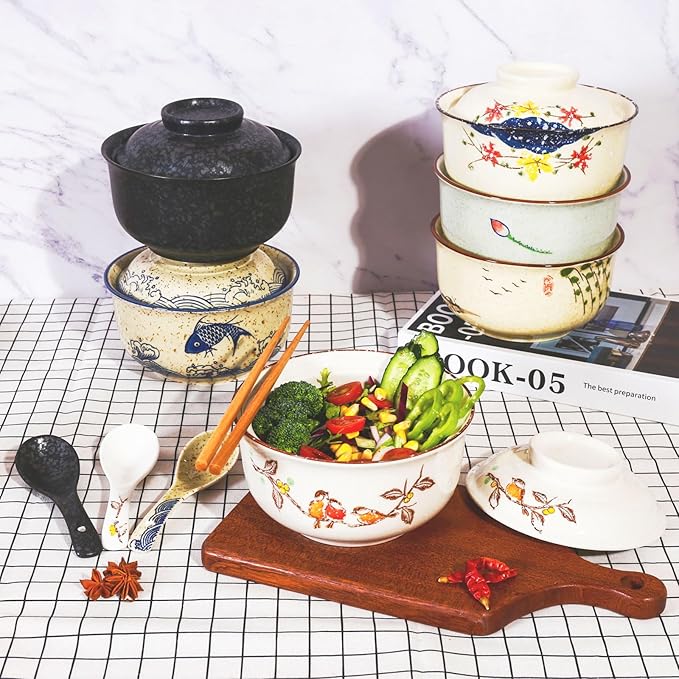 Ceramic Ramen Bowl Set, 800ml, with Lid, Spoon and Chopsticks, Japanese Vintage Large Soup Bowls Instant Noodle Bowl Asian Tableware (Dird*2)