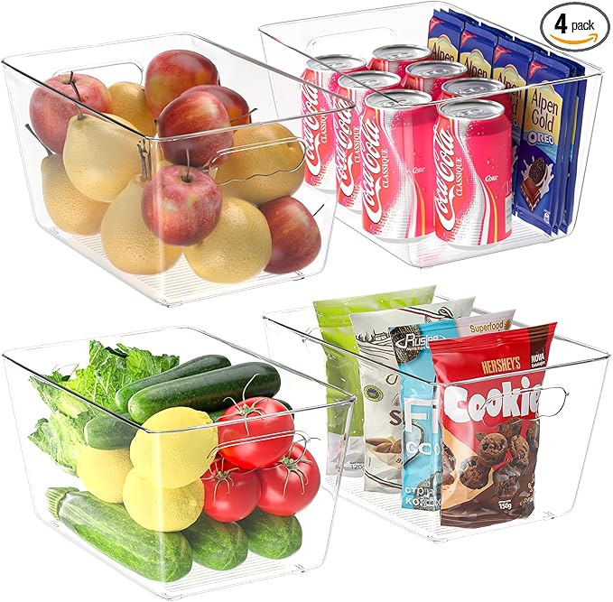 BALEINE Clear Plastic Storage Bins, Pantry Organization, BPA Free Stackable Refrigerator Organizers and Storage with Handles for Kitchen Fridge Cabinet Bathroom (4PK, 11x7.5x6)