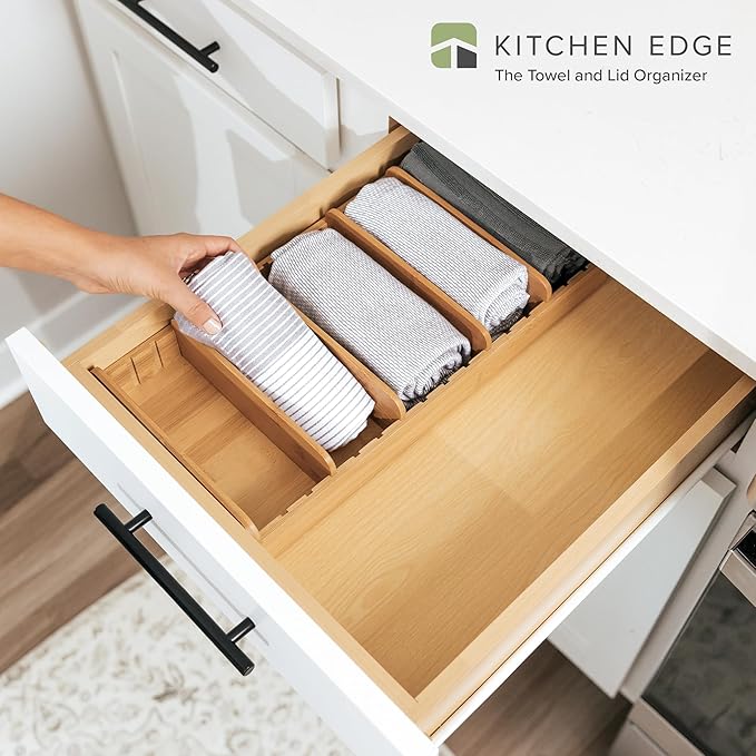Bamboo Kitchen Towel and Food-Storage Organizer, Perfect for Kitchen Drawers, Cabinets, Pantry, 5 Adjustable Wall Inserts, Organize & Store Plastic Food Containers