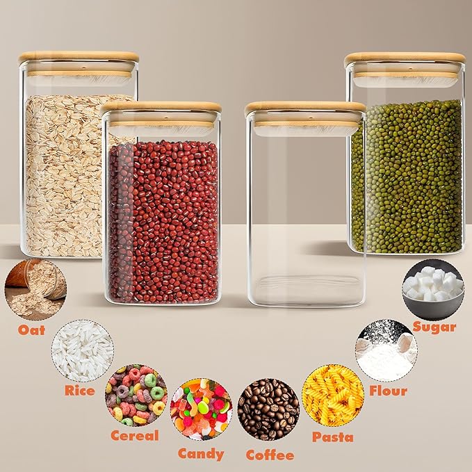 Glass Storage Containers with Airtight Bamboo Lids Set of 4,Pantry Food Storage Container,Perfect for Kitchen Organization-Flour, Rice, Pasta, Sugar, Coffee Beans, Accessories Included (4 packs(50oz))
