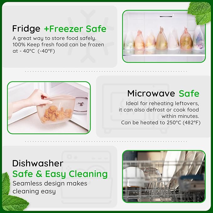 Reusable Silicone Food Storage Bags 6.3Cup (53oz), Airtight Food Storage Containers Food Grade Silicone Snack Bags, BPA Free Food Storage Container, Microwave Safe, Sous Vide Container, Dry Rose