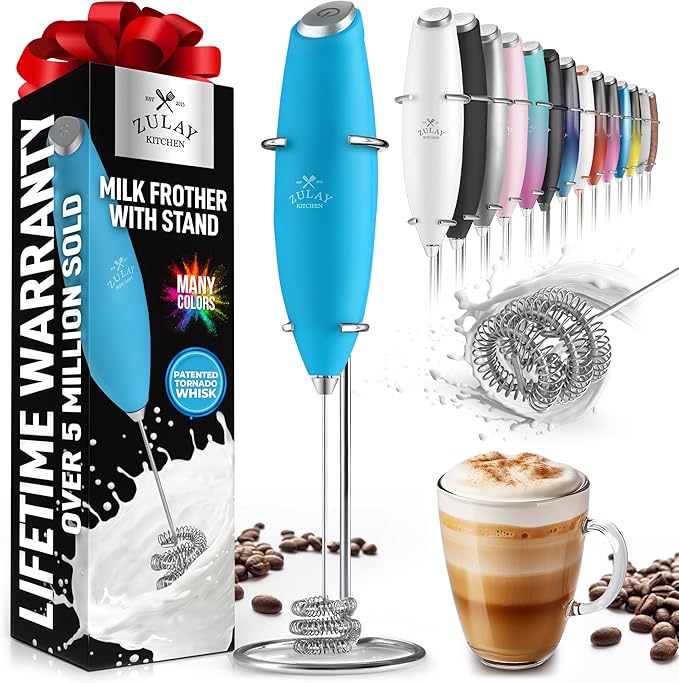 Zulay Kitchen Milk Frother with Patented Tornado Triple Whisk – Handheld Foam Maker for Coffee, Lattes, Matcha & Hot Chocolate – Rich, Creamy Froth in Seconds -