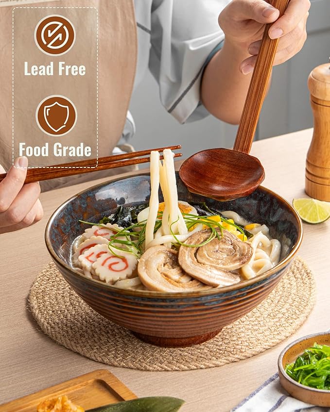 Large Japanese Ramen Bowl Set of 4, Material Safety Ceramic Ramen Bowls with Matching Chopsticks and Spoons, 8 Inch 40oz Pho Bowls Ramen Noodle Bowl for Asian Udon Soup Salad Cereal(Peacock Tail)