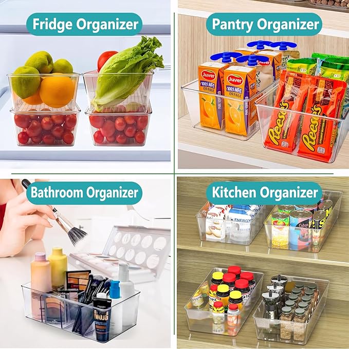 Set of 4 Clear Fridge Organizer Bins,2 Pack Stackable Refrigerator Organizer And 2 Pack Pantry Organizers and Storage with 3 Dividers,BPA-Free Spice Organization for Kitchen Cabinet