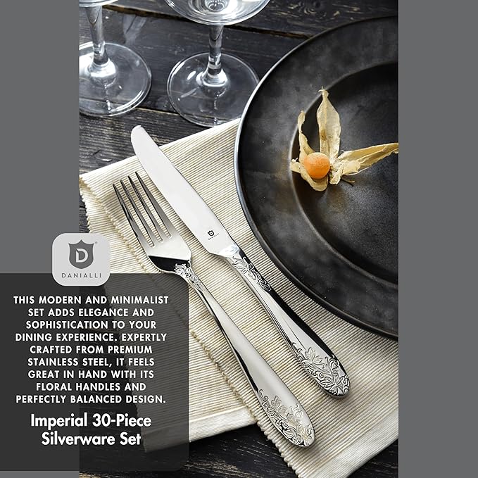 Modern Silverware Set, 18/10 Stainless Steel Flatware, Mirror Finish, Dishwasher Safe, Elegant Cutlery for Home and Dining, Built to Last (30-Piece, Imperial)