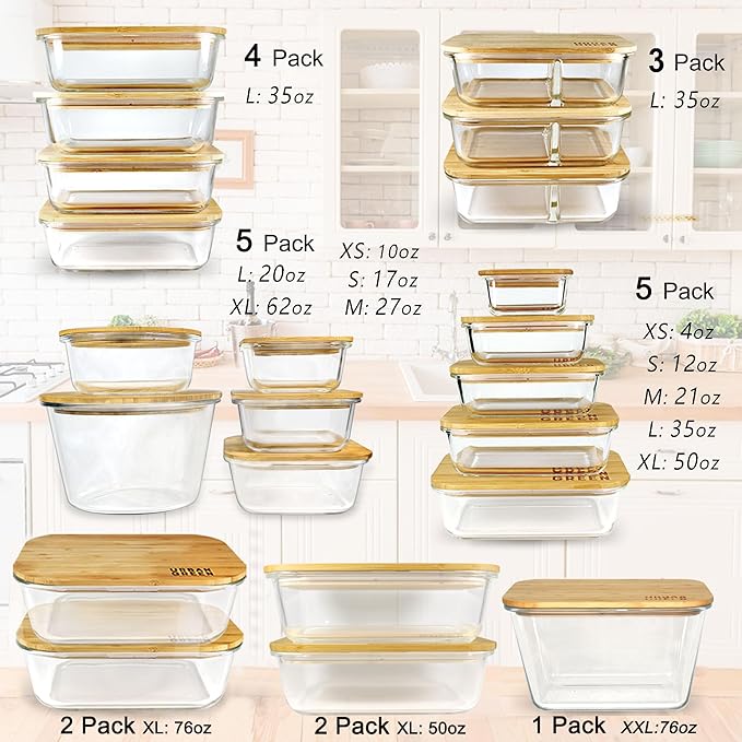 Urban Green Glass Container with Bamboo Lid, 2 Pack of 50oz, Large Glass food storage Container with Lids, Meal Prep Containers Set of 2
