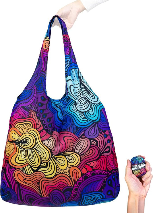 Nanobag Ultra-Lightweight Heavy Duty Foldable Tote for Women & Men, Reusable Grocery & Travel Bag, Packable Collapsible Compact Market Essential (XL Psychedelic)