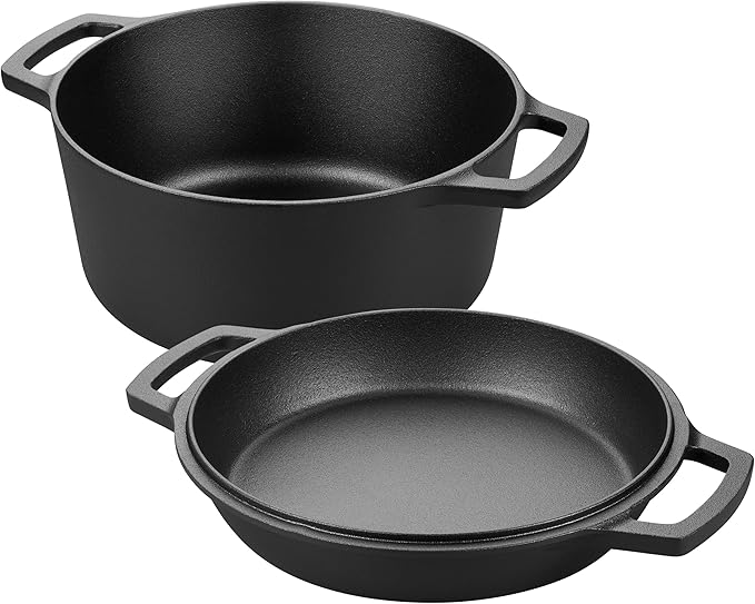 Pre-seasoned Cast Iron Double Dutch Oven Pot with Skillet Lid, Dual-handle, for Bread Baking, Outdoor, Campfire Cooking, 5 Quart