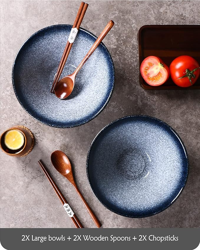 Lareina Ceramic Japanese Ramen Bowls, 2 Sets (6 Piece) 60 Ounce, Large Noodle Soup Bowl with Matching Chopsticks and Spoons for Asian Pho Udon Soba, Blue