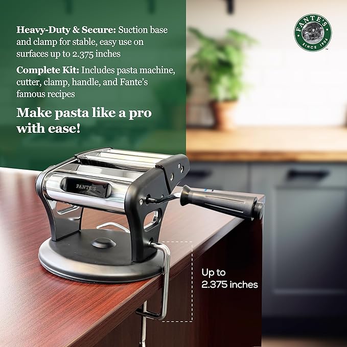 Fante’s Supreme Pasta Maker, Compact Manual Noodle Press Machine with Non-Slip Suction Base for Fresh Homemade Pasta, Ravioli, Since 1906