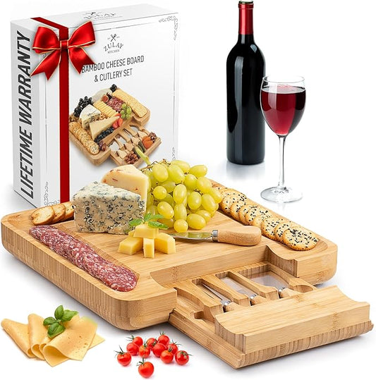 Zulay Kitchen Premium Bamboo Cheese Board Set - Extra Thick Bamboo Charcuterie Board Set with 4 Piece Knife Set - Wooden Cheese Board is Perfect for Charcuterie, Wine and Cheese (Party Set)