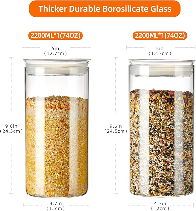 ZENS 74 fl.oz Glass Storage Containers with Airtight Lids, 2 Set 4.7in Wide Mouth Clear Food Storage Jars for Kithen Pantry Baking Flour, Clear Glass Canisters Sets for Pasta, Coffee Beans, Rice
