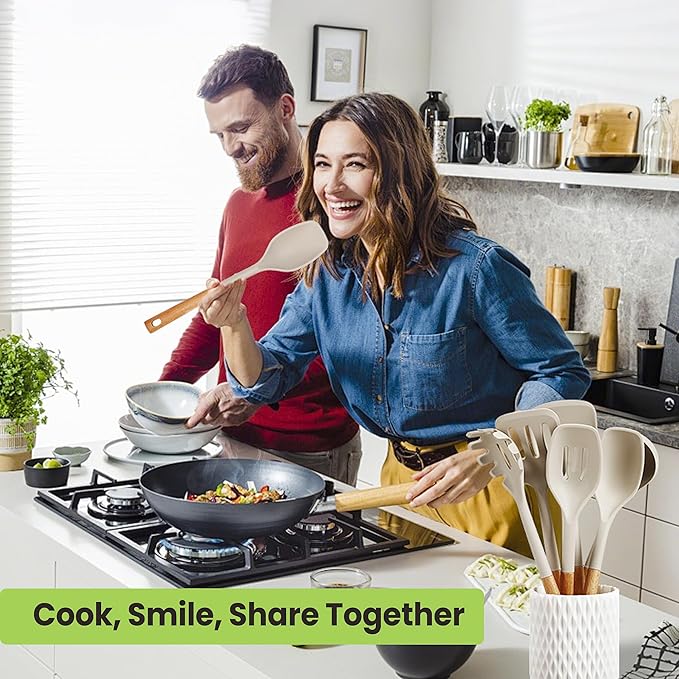 Large Silicone Cooking Utensils Set 7 Pcs, Wooden Handles Heat Resistant Spatula Set, Food Grade Silicone Kitchen Utensils Set with Holder, Gadgets BPA Free for Non-Stick Cookware