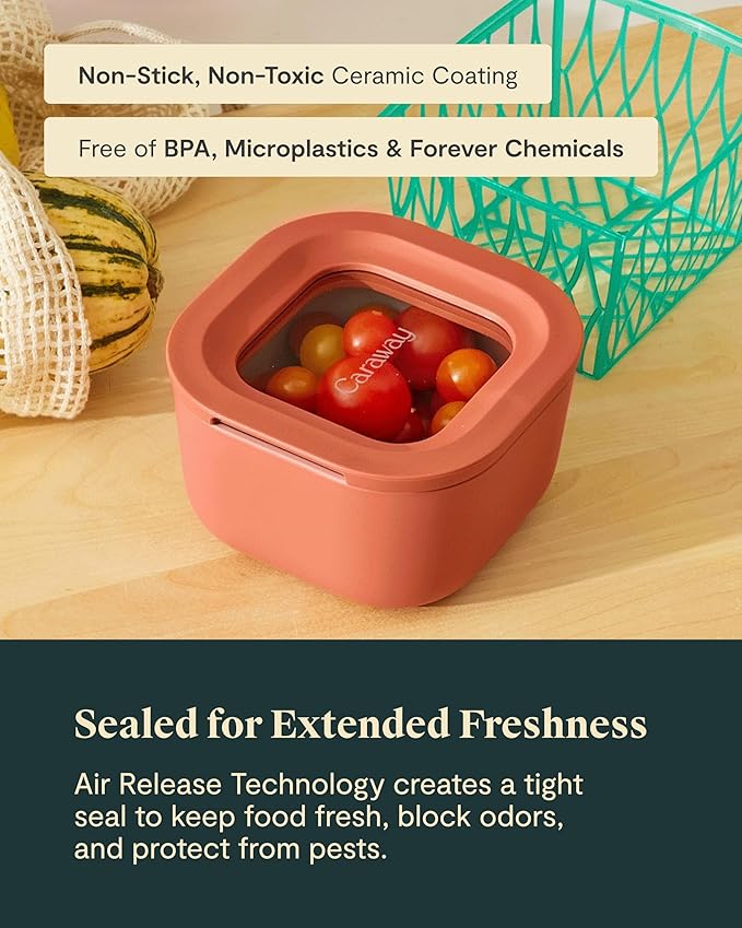 Caraway Mini Square Food Storage Container - 1.75 Cup Glass Storage Container for Food - Non-Toxic Ceramic-Coated Glass - Air Release Technology - Compact & Stackable Design - Navy