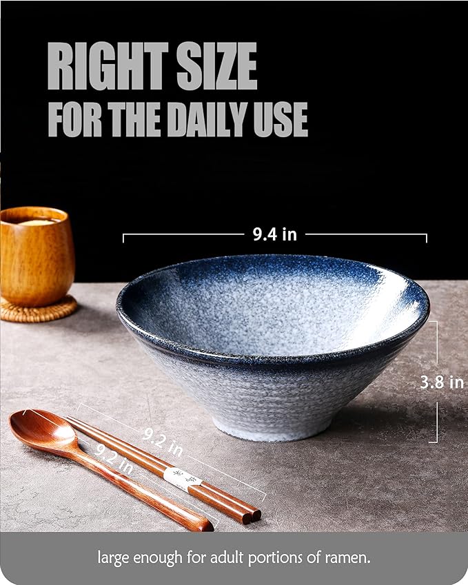 Lareina Ceramic Japanese Ramen Bowls, 2 Sets (6 Piece) 60 Ounce, Large Noodle Soup Bowl with Matching Chopsticks and Spoons for Asian Pho Udon Soba, Blue