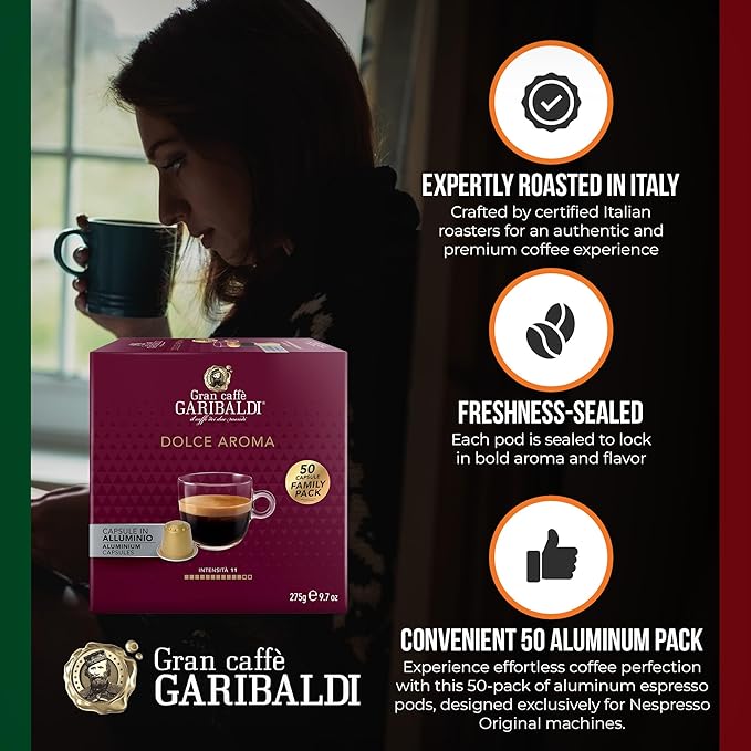Gran Caffè Garibaldi Espresso Pods, Italian Roasted Coffee, Compatible Nespresso Original Line Machines, Nitrogen Flushed, Full-Bodied Crema, Almond & Dried Fruit - Dolce Aroma 50 Aluminum Cups