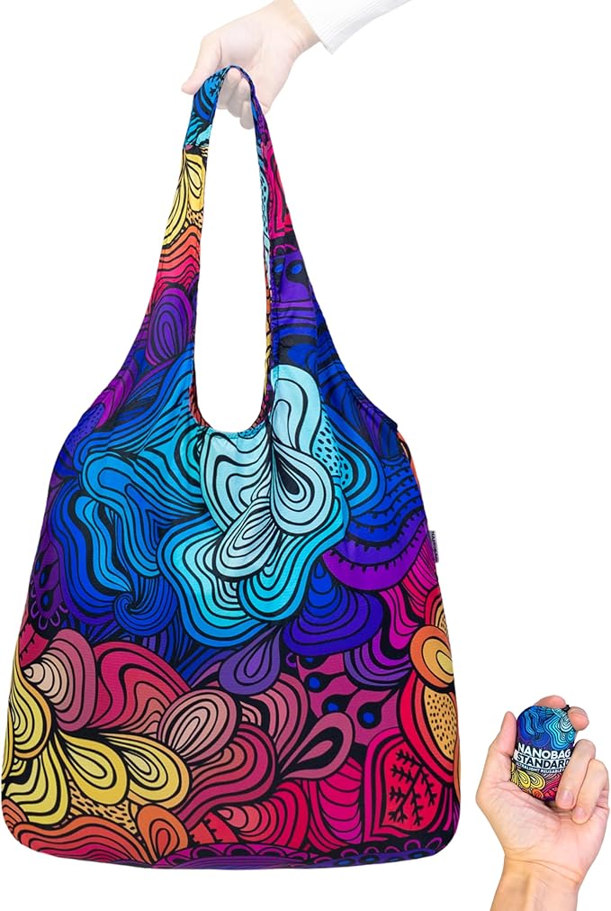 Nanobag Ultra-Lightweight Foldable Tote for Women & Men, Reusable Grocery & Travel Bag, Packable Collapsible Compact Market Essential (Standard Psychedelic)