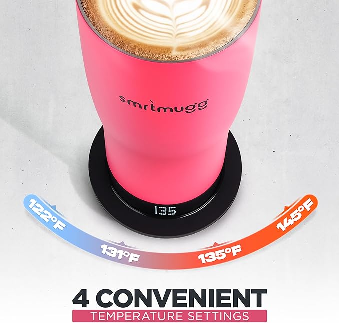 X Heated Coffee Mug 19 oz., 8 Hour Battery Life, Self-Heating, Adjustable Temp Controlled, LCD Screen, Includes Cover with Magnetic Slider (Black) (Hot Pink)