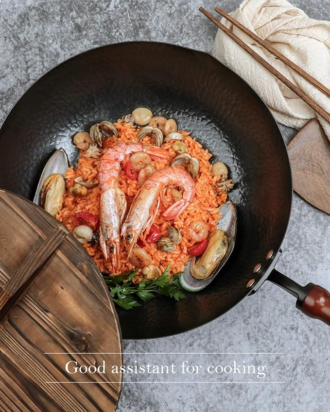 BIELMEIER 12.5" Wok Pan- Woks and Stir Fry Pans, Carbon Steel Wok, Flat Bottom Wok with Lid Suits for all Stoves