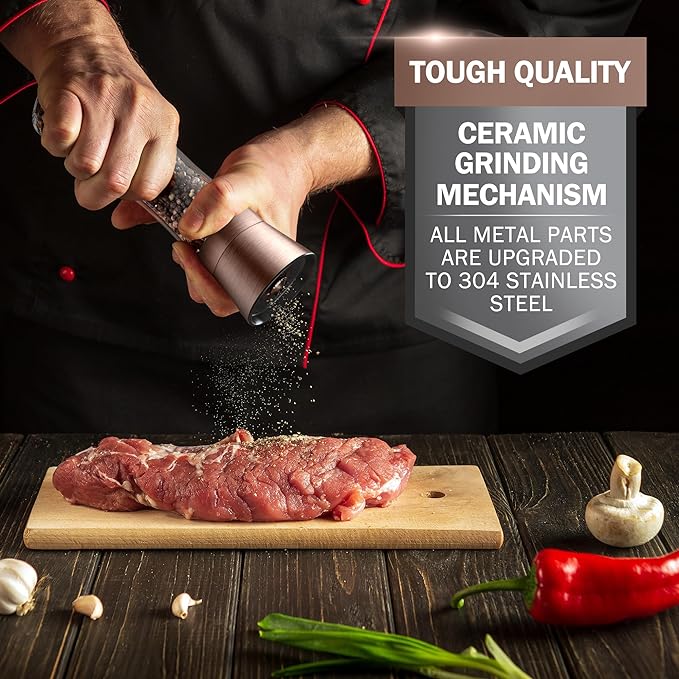 Home EC Original Copper Salt and Pepper Grinder Set of 2 - Adjustable Ceramic Grinder - Tall Glass Salt and Pepper Shakers With Funnel and Ebook - Kitchen Spice Mill - Copper Kitchen Accessories