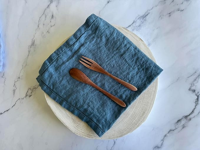 Hemstitched Linen Napkins – 20 Inch x 20 Inch – Stonewashed Pure Linen Cloth Dinner Napkins with Mitered Corners - 100% French Flax – Machine Washable - Set of 4 (Soft Teal Blue)