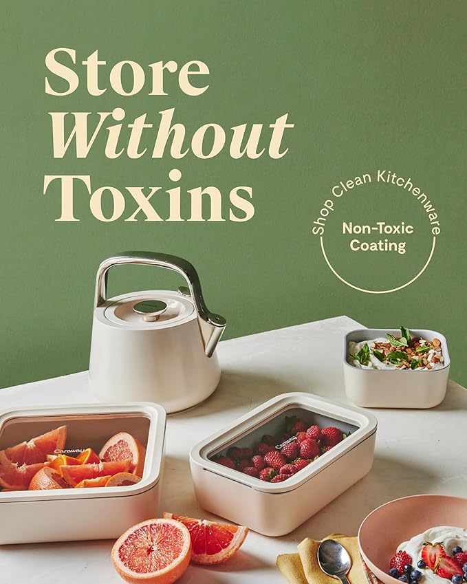 Caraway 3pc Glass Food Storage Set – 10 Cup, 6.6 Cup, & 4.4 Cup Food Containers - Ceramic Coated - Non Toxic Non Stick Lunch Box with Glass Lids - Dishwasher, Oven, & Microwave Safe - Cream