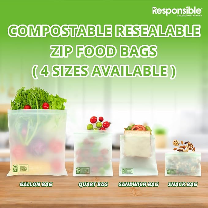 Certified Compostable SANDWICH Resealable Zip Bag, Extra Strength Food Bags, Plant-Based Freezer-Safe (30 Pack)