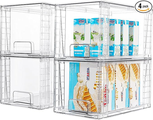 Vtopmart 4Pack Large Stackable Kitchen Pantry Storage Drawers, Clear Organizer Bins with Handles, Acrylic Drawer Organizers for Kitchen Pantry, Bathroom Undersink, Cabinet Organization and Storage