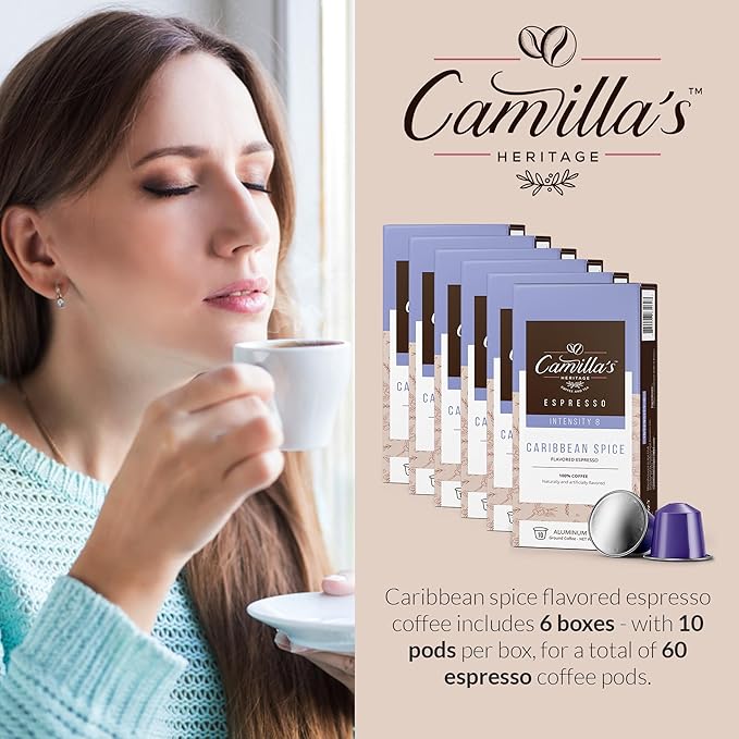 Camilla’s Heritage - Intensity 8 Caribbean Spice Flavored Espresso Coffee, Gourmet Espresso Cups, 60 Coffee Pods