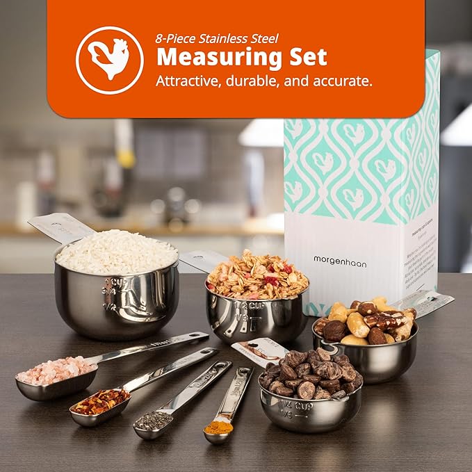 Premium 304 Stainless Steel Measuring Kit - 8-Piece Essential Cups and Spoons for Everyday Use, Stackable & Durable