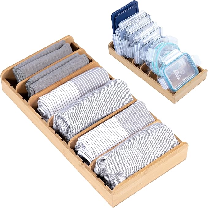 Bamboo Kitchen Towel and Food-Storage Organizer, Perfect for Kitchen Drawers, Cabinets, Pantry, 5 Adjustable Wall Inserts, Organize & Store Plastic Food Containers