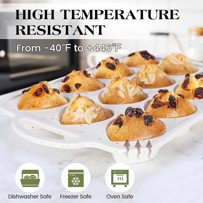 1 Pc Heart Shaped Muffin Pan with Metal Reinforced Frame 12 Cup Nonstick Silicone Heart Cake Mold for Baking 2.5 Inch Cupcake Tray (Cream)