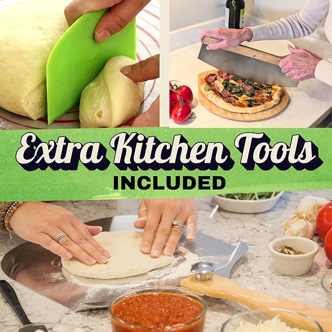 Round Pizza Stone for Oven 16 inch - Large Pizza Stone with Handles, Metal Pizza Peel, Pizza Cutter and Dough Tool - Baking Stone for Oven Bread - Thick Heavy Duty Cordierite Baking Stones