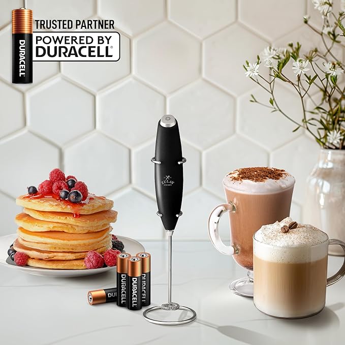 Zulay Kitchen Powerful Milk Frother Wand With 4 AA Duracell Batteries - Ultra Fast Handheld Drink Mixer - Electric Whisk Foam Maker for Coffee, Lattes, Cappuccino, Matcha & Creamer