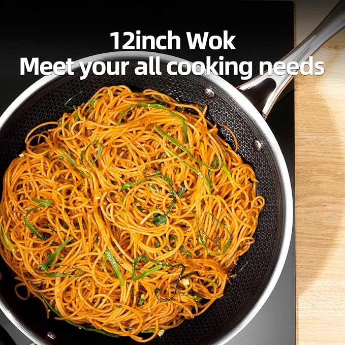 DELUXE Hybrid Ceramic Nonstick12 Inch Wok, Stay-Cool Handle,Dishwasher Oven Safe, Induction Ready, PFOA Free Compatible with All Cooktops