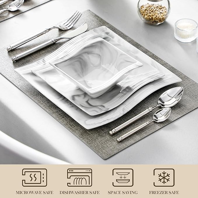 MALACASA Plates and Bowls Sets, 12 Pieces Modern Porcelain Dinnerware Sets for 4, Marble Dishware Set Kitchen Dining Ware Set, Square Ceramic Dish Set, Microwave and Dishwasher Safe, Series Flora