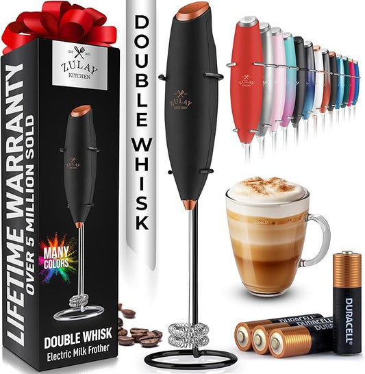 Zulay Kitchen Whisk Milk Frother with 4 Duracell Batteries - Powerful Handheld Foam Maker for Coffee, Lattes, Matcha, Hot Chocolate & Cappuccinos - Whip Creamy Froth in Seconds