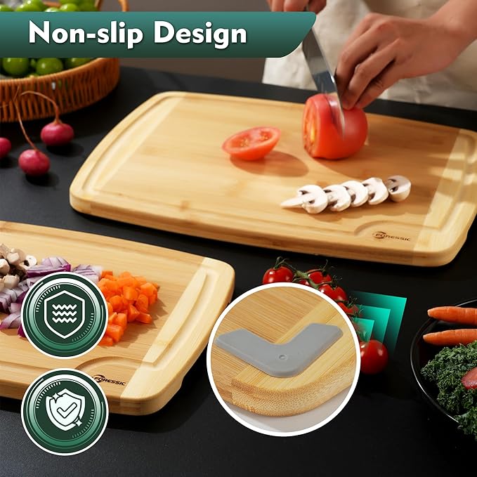 Bamboo Cutting Board Natural Bamboo Set With Smooth Surface 4 Packs with Non Slip Feet Holder and Over Sink Solid Thick Durable Wood Charcuterie Serving Tray Meat, Fruit, Vegetables & Cheese