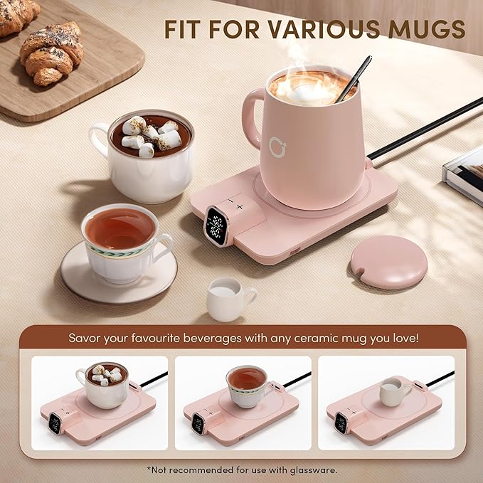 Coffee Mug Warmer Set, Temperature Control Smart Heated Mug for Desk, Electric Coffee Warmer with Auto Shut Off & Real-Time Temp Display, Gifts for Women Men, 15oz, Pink