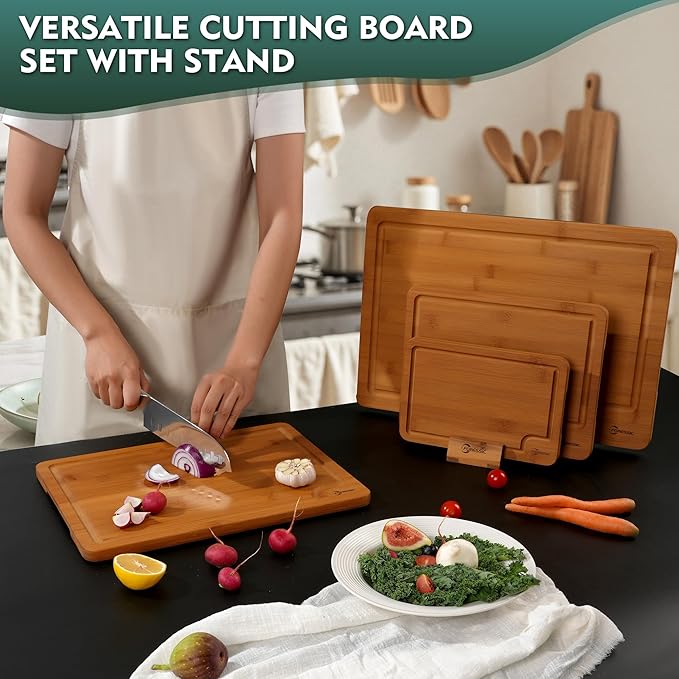 Wood Cutting Board Carbonized Bamboo Set With Smooth Surface Set 4 Packs with Non Slip Feet Holder and Over Sink Solid Thick Durable Wood Charcuterie Cheese Serving Tray Kitchen Gadgets (Carbonized)