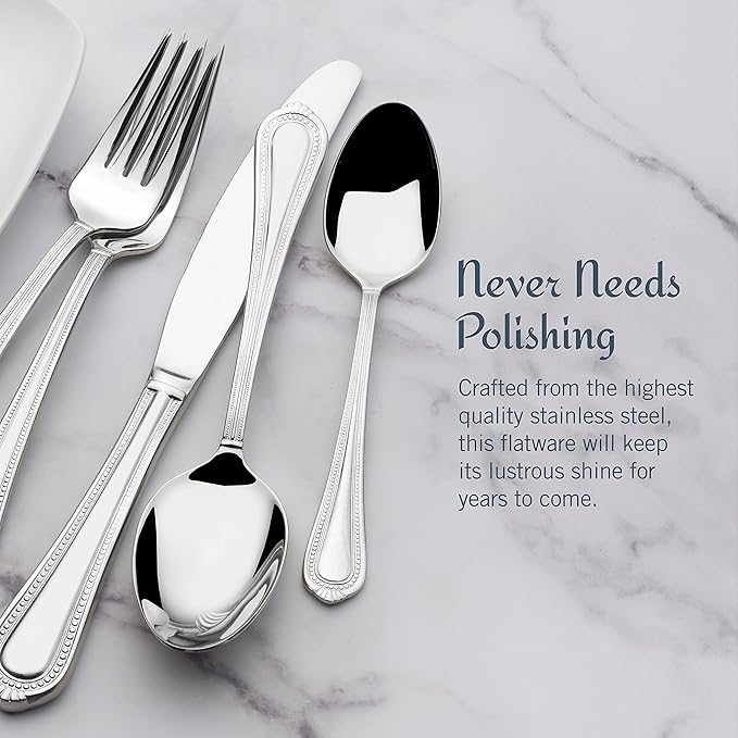 Mikasa Regent Bead 65-Piece Flatware Set for 12, 18/10 Stainless Steel Silverware with Full Service and Serving Utensils, Classic Beaded Edge Design