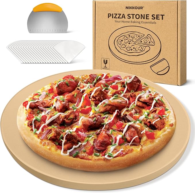 16 Inch Round Pizza Stone for Oven - Cordierite Baking Stone for Pizza, Cookies & Bread, Even Heating, Thermal Shock Resistant, Grill Pizza Stone with Stainless Steel Cutter & 20 PCS Parchment Papers