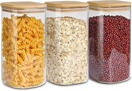 ComSaf Airtight Glass Storage Canister with Wood Lid (1.6 Qt), Clear Food Storage Container Jar with Sealing Lids for Oat Pasta Flour Cereal Rice Sugar Tea Coffee Beans, Set of 3 Square Cookie Jar