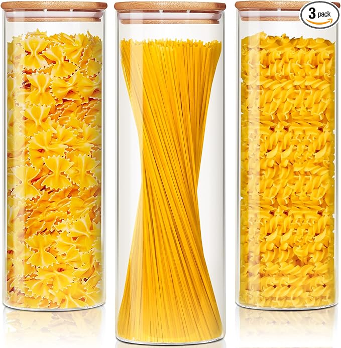 Glass Jars with Bamboo Lids 79 FL OZ [Set of 3], Glass Canisters with Airtight Lids, Glass Food Storage Containers for Spaghetti, Fettuccine, Linguine,Pasta, Best for Kitchen & Pantry