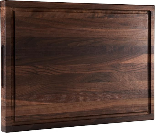 American Dark Walnut Wood Cutting Board 17x12 x1in for Kitchen with Juice Groove, Inner Handles, Gift Box, Thick Wooden Cutting Board Finished with Linseed Oil, Beeswax, Carnauba Wax, Lemon Oil